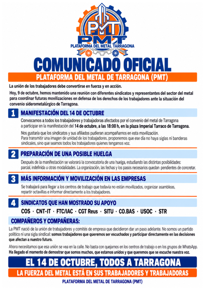 Comunicado oficial de PMT del 9 de octubre