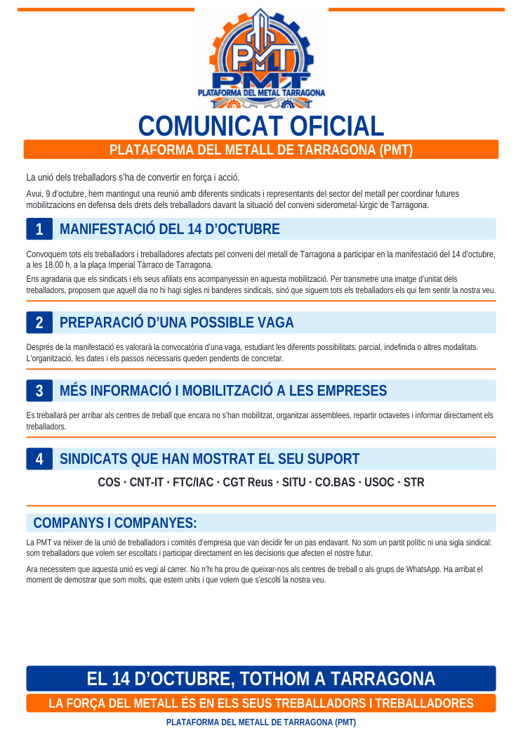 Comunicat en català de la PMT del 9 d'octubre